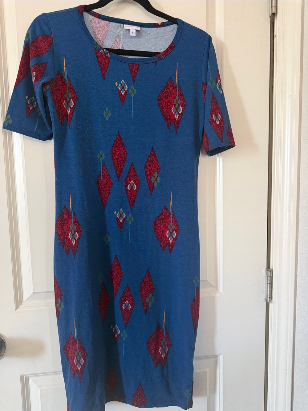 LuLaRoe Blue Short-Sleeve Dress with Red Diamond Motif